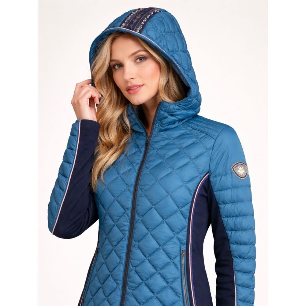 Alp N Rock Hooded Down Puffer Jacket Quilted Embroidered Alpine Trim Blue Size 4